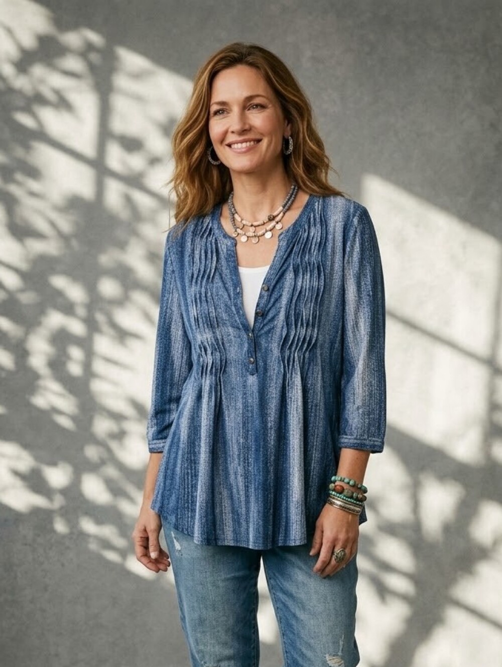 Boho Pintuck Henley Tunic Top Blue Linen Blend Peasant Roll Tab Blouse M